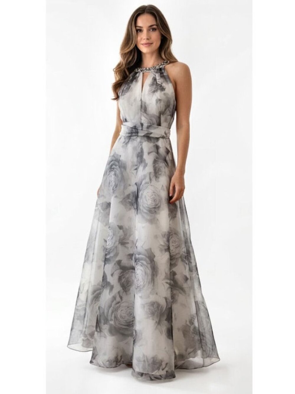 Eliza J Beaded Ballgown With Embellished Neckline, White and Grey, Womens Size 8
